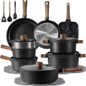 CAROTE Nonstick Pots and Pans, Induction Titanium Cookware Set 16pcs Kitchen Cooking Sets, Pot and Pan Non Stick w/Frying pan (PFOS, PFOA Free)